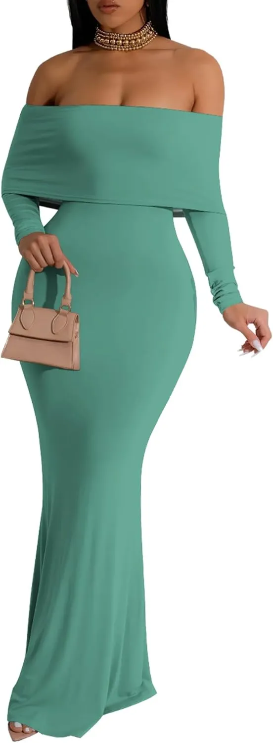 Women's Sexy Elegant Long Sleeve Off Shoulder Bodycon Long Evening Formal Dress Cocktail Party Maxi Dress