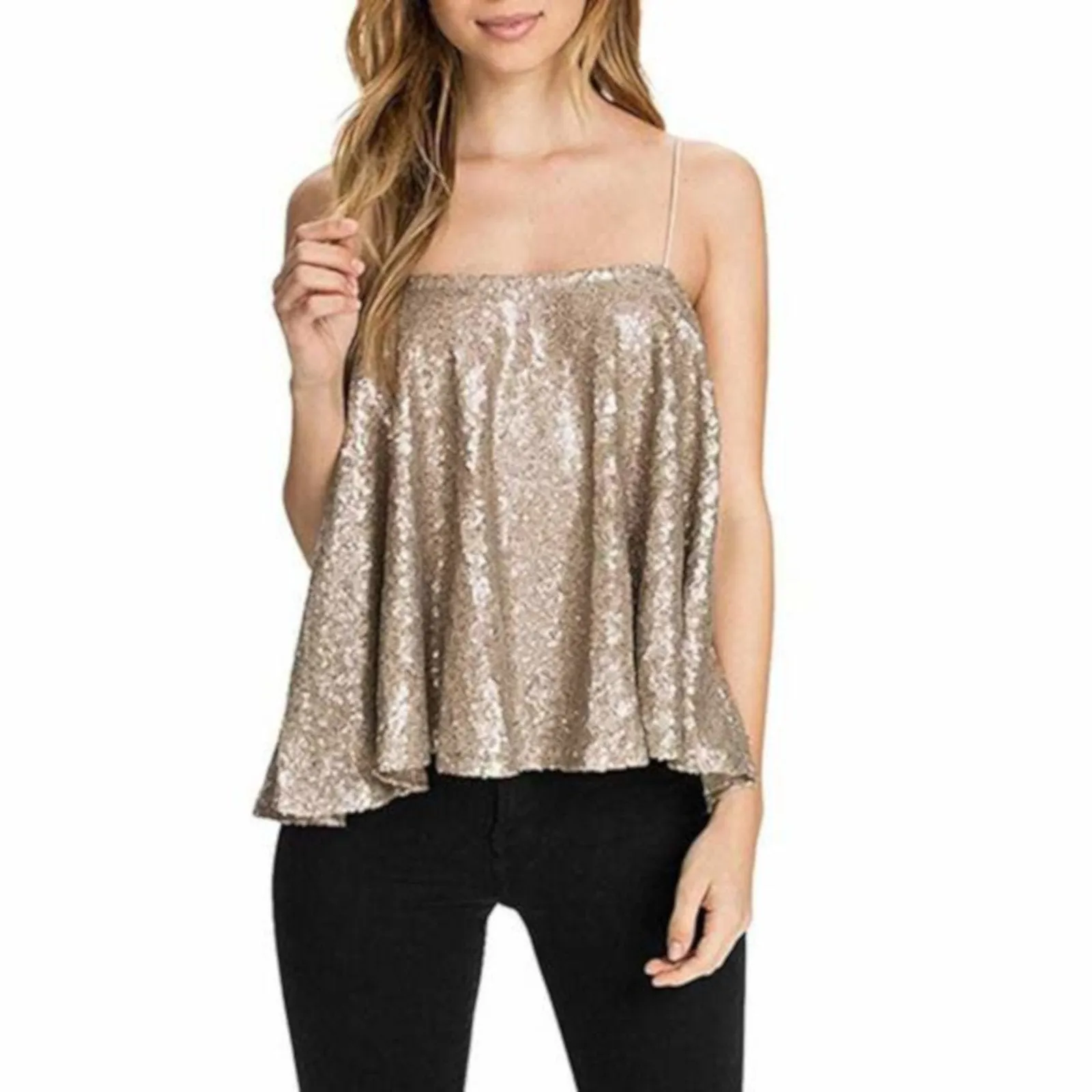 Women's Sexy Gold Sequin Spaghetti Strap Tank Top Camisole