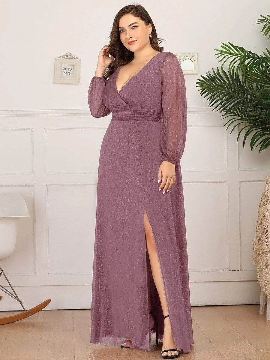 Women's Sexy V-Neck Shiny Plus Size Evening Dresses with Long Sleeve