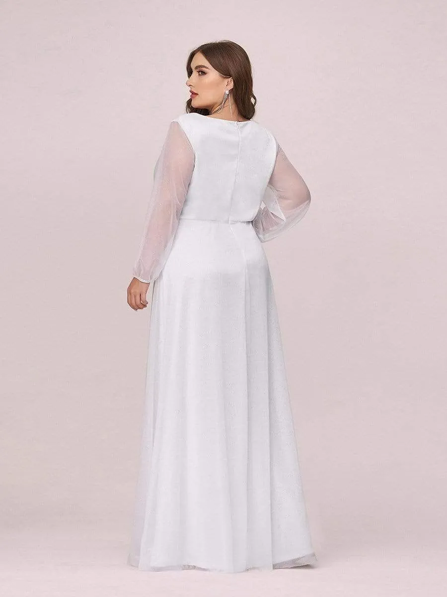 Women's Sexy V-Neck Shiny Plus Size Evening Dresses with Long Sleeve