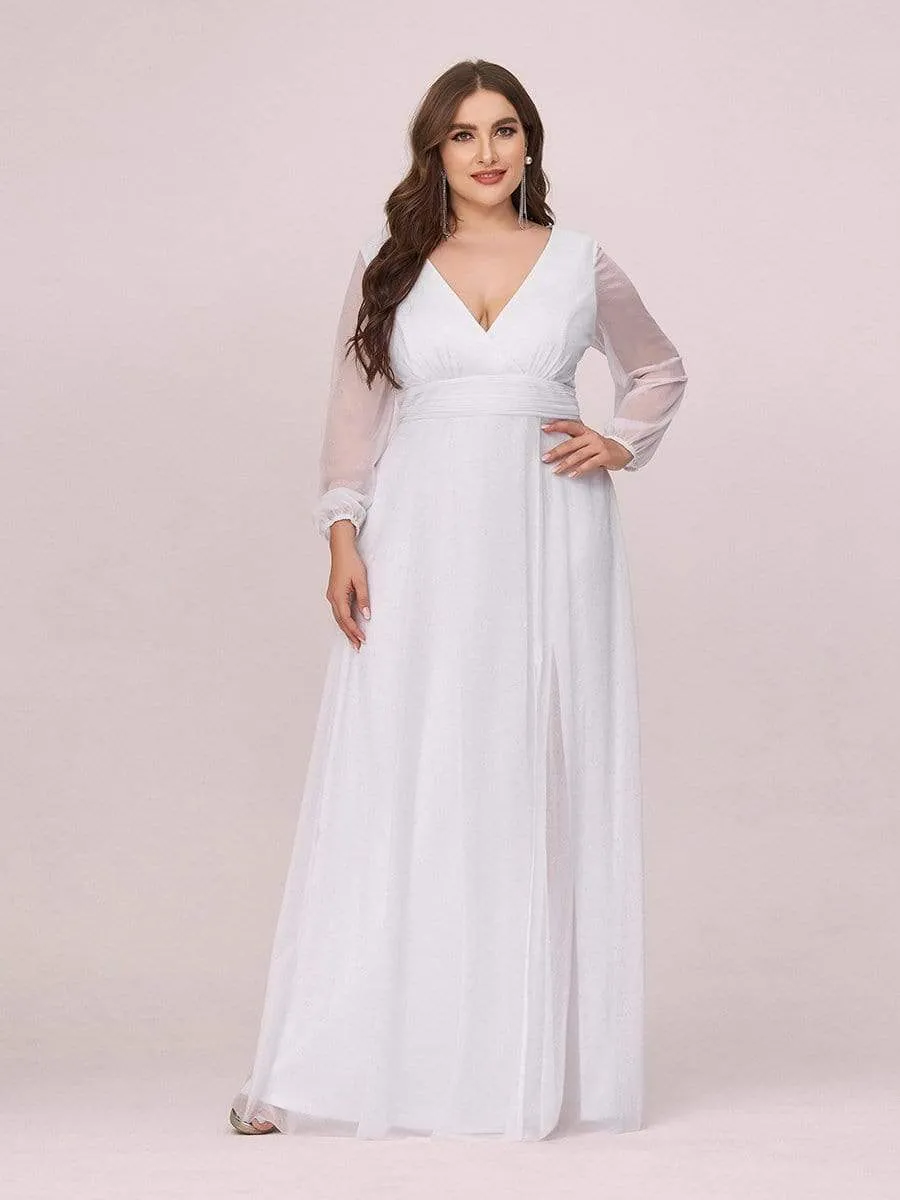 Women's Sexy V-Neck Shiny Plus Size Evening Dresses with Long Sleeve
