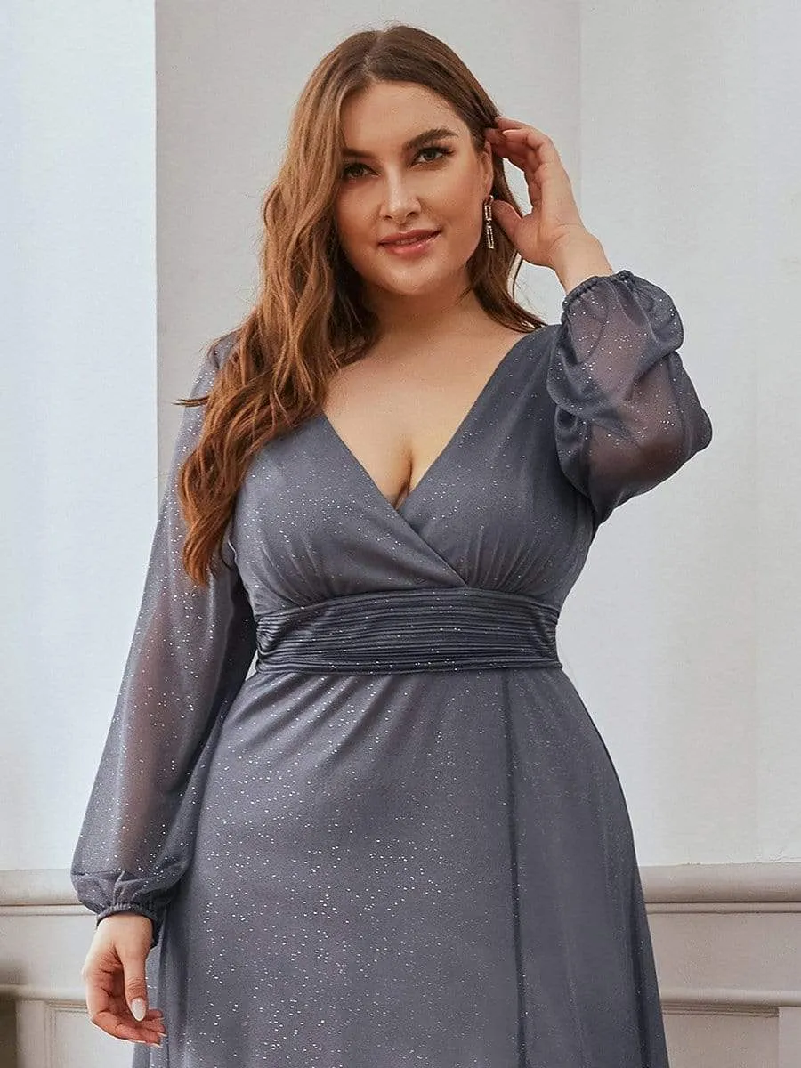 Women's Sexy V-Neck Shiny Plus Size Evening Dresses with Long Sleeve