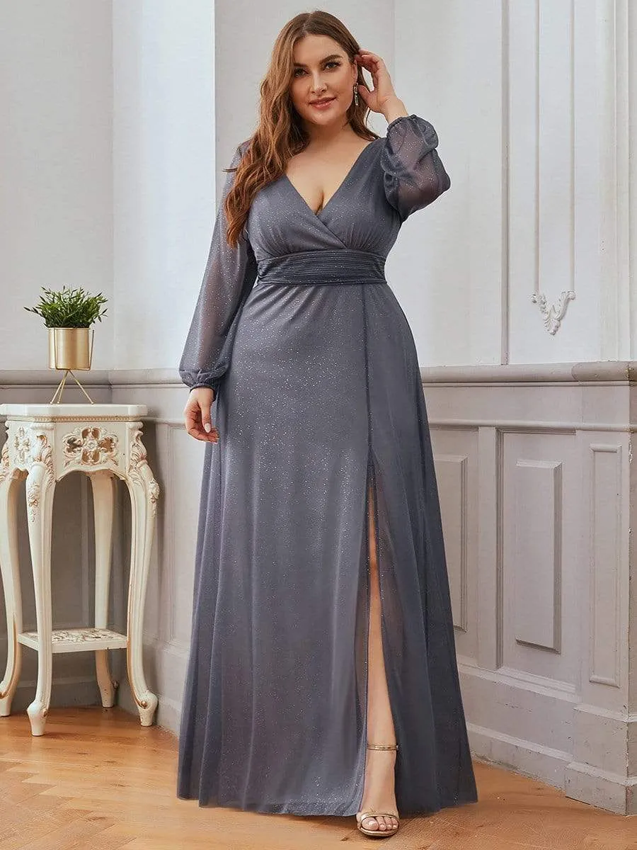 Women's Sexy V-Neck Shiny Plus Size Evening Dresses with Long Sleeve