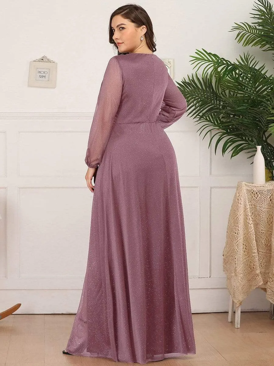 Women's Sexy V-Neck Shiny Plus Size Evening Dresses with Long Sleeve