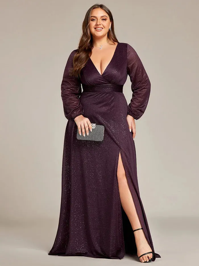 Women's Sexy V-Neck Shiny Plus Size Evening Dresses with Long Sleeve