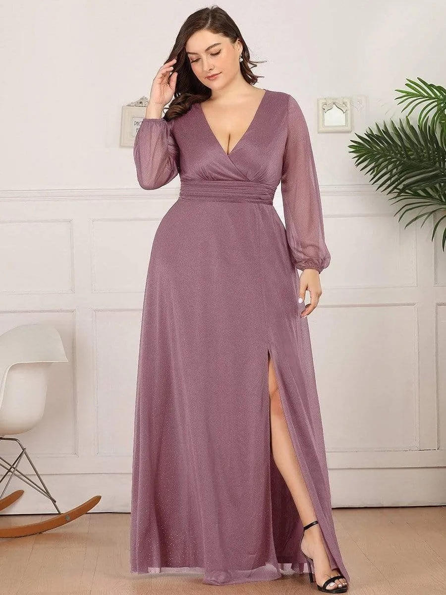 Women's Sexy V-Neck Shiny Plus Size Evening Dresses with Long Sleeve