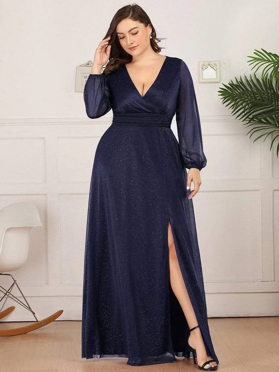 Women's Sexy V-Neck Shiny Plus Size Evening Dresses with Long Sleeve