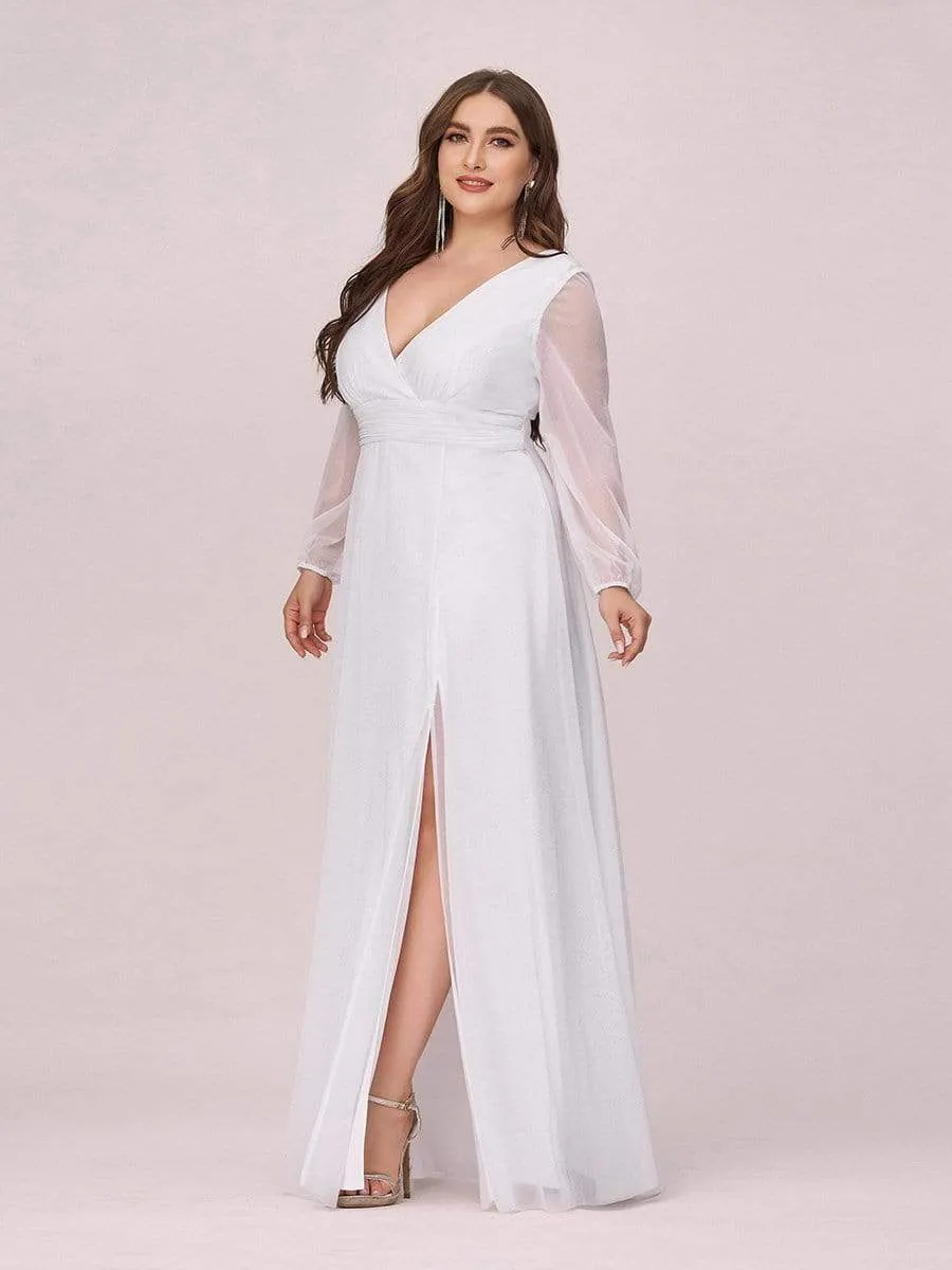 Women's Sexy V-Neck Shiny Plus Size Evening Dresses with Long Sleeve