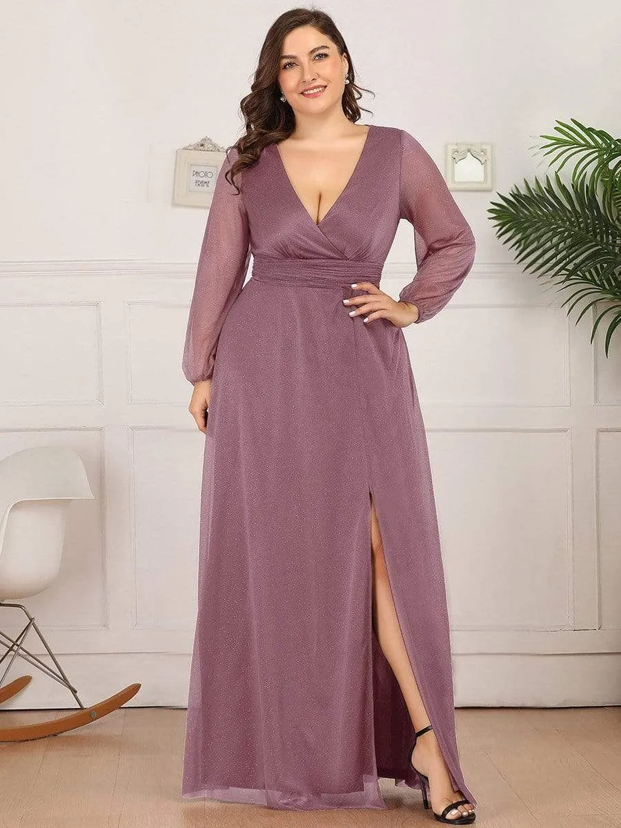 Women's Sexy V-Neck Shiny Plus Size Evening Dresses with Long Sleeve