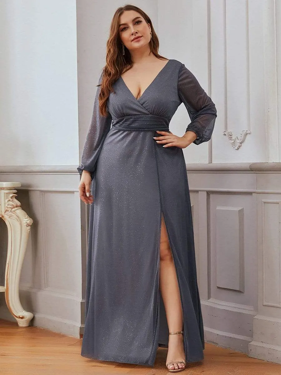 Women's Sexy V-Neck Shiny Plus Size Evening Dresses with Long Sleeve