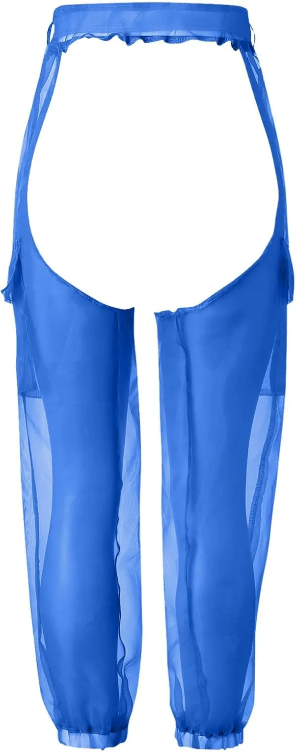 Women's Sheer Mesh High Waisted Straight Leg Cargo Pants with Pockets Sexy Crotch See Through Elastic Sweatpants