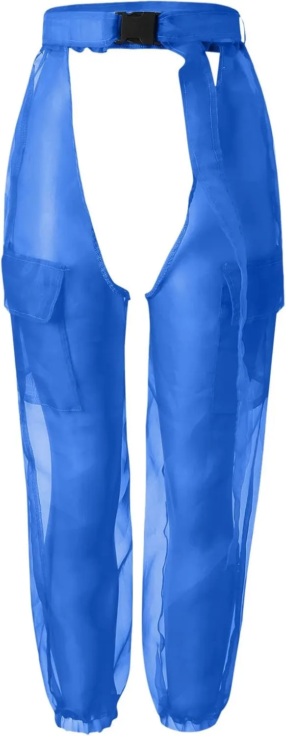 Women's Sheer Mesh High Waisted Straight Leg Cargo Pants with Pockets Sexy Crotch See Through Elastic Sweatpants