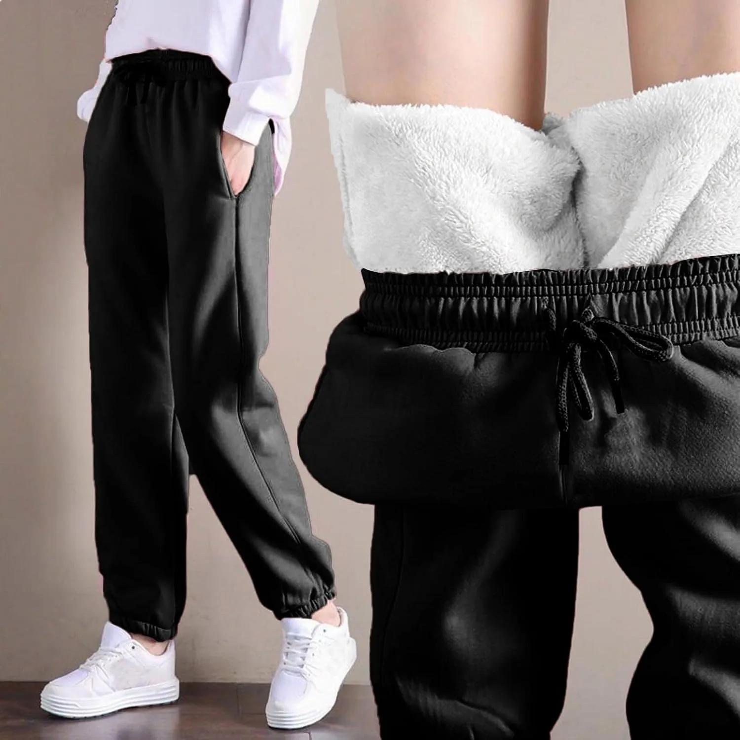 Women's Sherpa Lined Joggers Warm Sweatpants Thermal Athletic Lounge Fleece Pants Drawstring Pocket Sweatpant Trousers