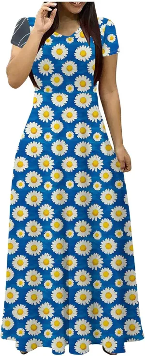 Women's Short Sleeve Boho Maxi Dresses Summer Causal Empire Waist Long Dress Wedding Guest Cocktail Party Swing Dress