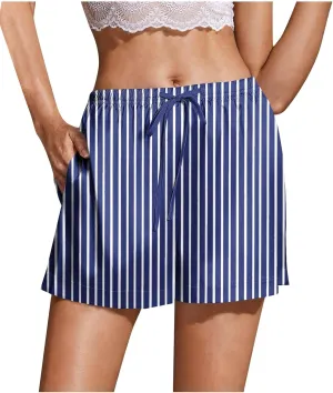 Women's Silk Satin Pajama Shorts Casual Striped Summer Drawstring Pj Bottoms Soft Boxer Sleepwear Lounge Shorts with Pockets