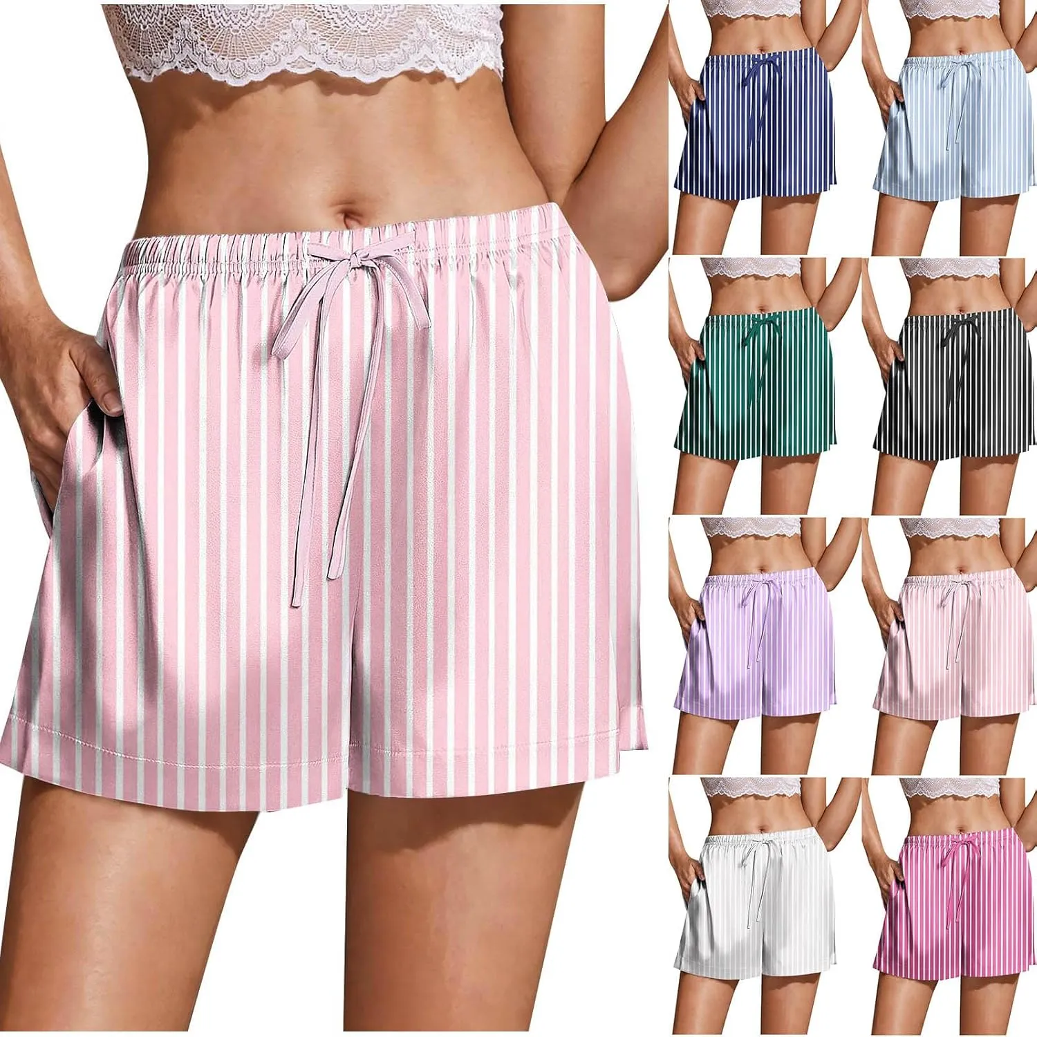 Women's Silk Satin Pajama Shorts Casual Striped Summer Drawstring Pj Bottoms Soft Boxer Sleepwear Lounge Shorts with Pockets