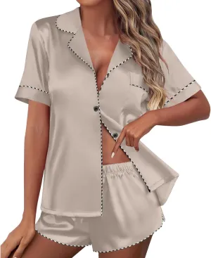 Womens Silk Satin Pajamas Set Casual Short Sleeve Button Down Top and Shorts Sleepwear Loungewear 2 Piece Pjs Sets