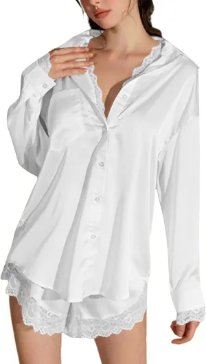 Womens Silk Satin Pajamas Set Oversized Loungewear Two-Piece Sleepwear Button-Down Long Sleeve Pj Lounge Lingerie Sets