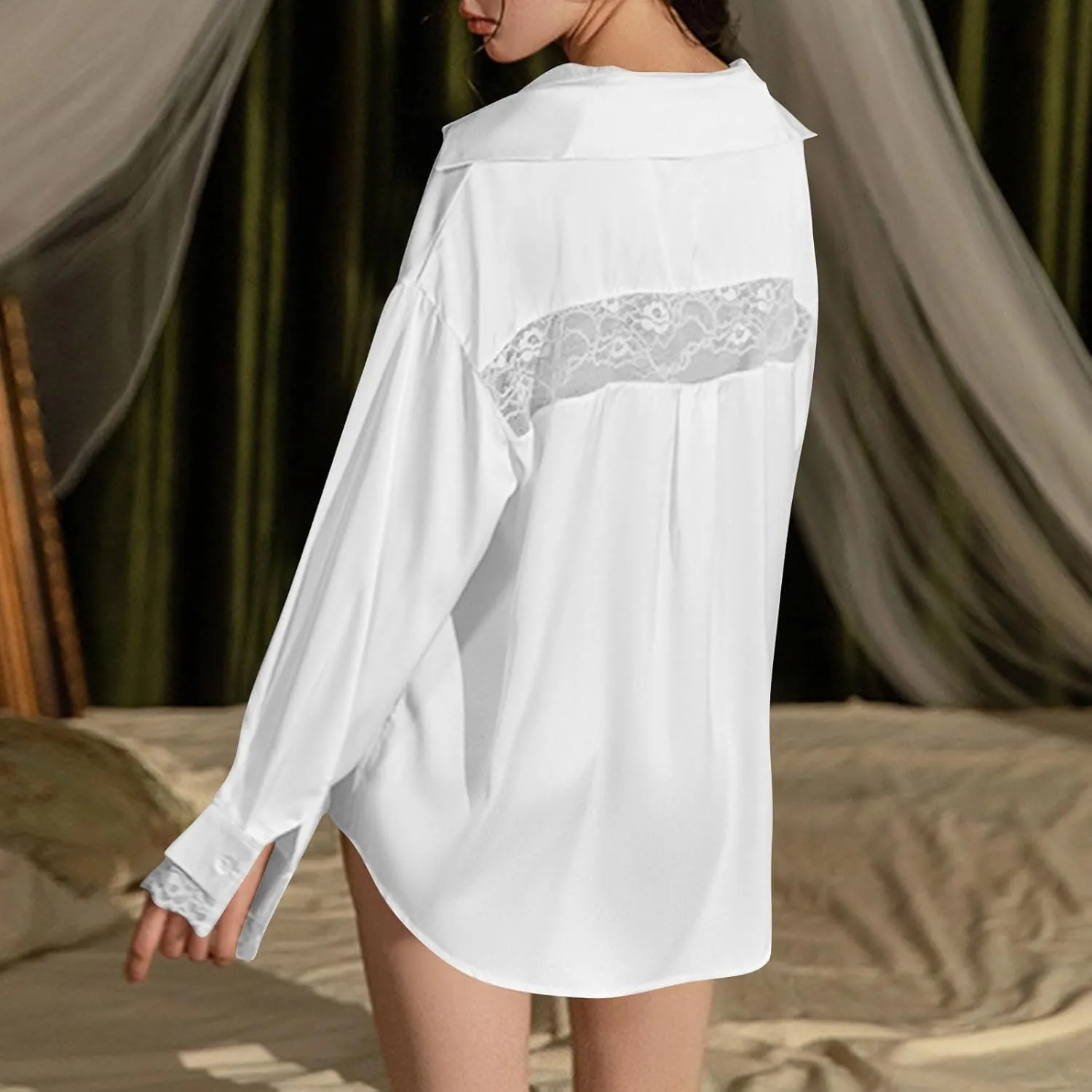 Womens Silk Satin Pajamas Set Oversized Loungewear Two-Piece Sleepwear Button-Down Long Sleeve Pj Lounge Lingerie Sets