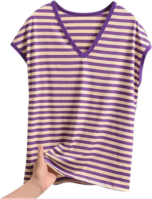 Women's Sleep T-Shirt Striped V Neck Pajamas Tops Cap Sleeve Sleepwear Loose Soft Pjs Tshirts Comfy Lounge Tees