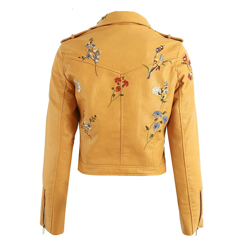 Women's Spring Faux Leather Motorcycle Coat With Embroidery