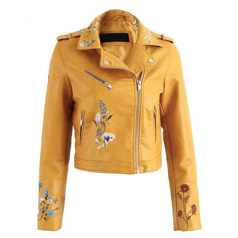 Women's Spring Faux Leather Motorcycle Coat With Embroidery