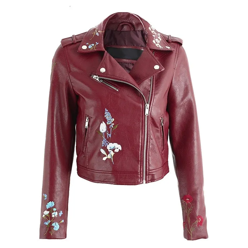 Women's Spring Faux Leather Motorcycle Coat With Embroidery