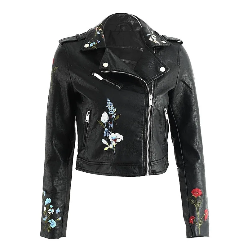 Women's Spring Faux Leather Motorcycle Coat With Embroidery