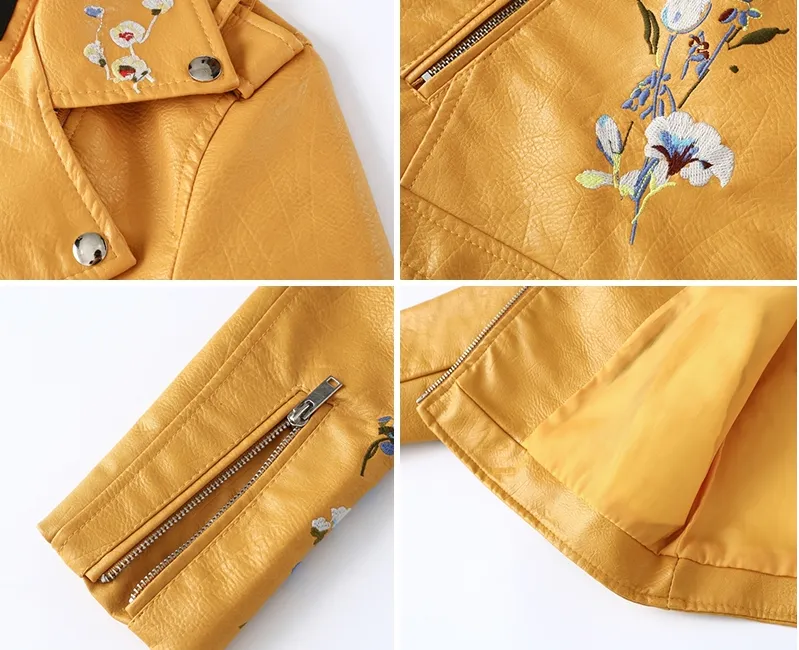 Women's Spring Faux Leather Motorcycle Coat With Embroidery