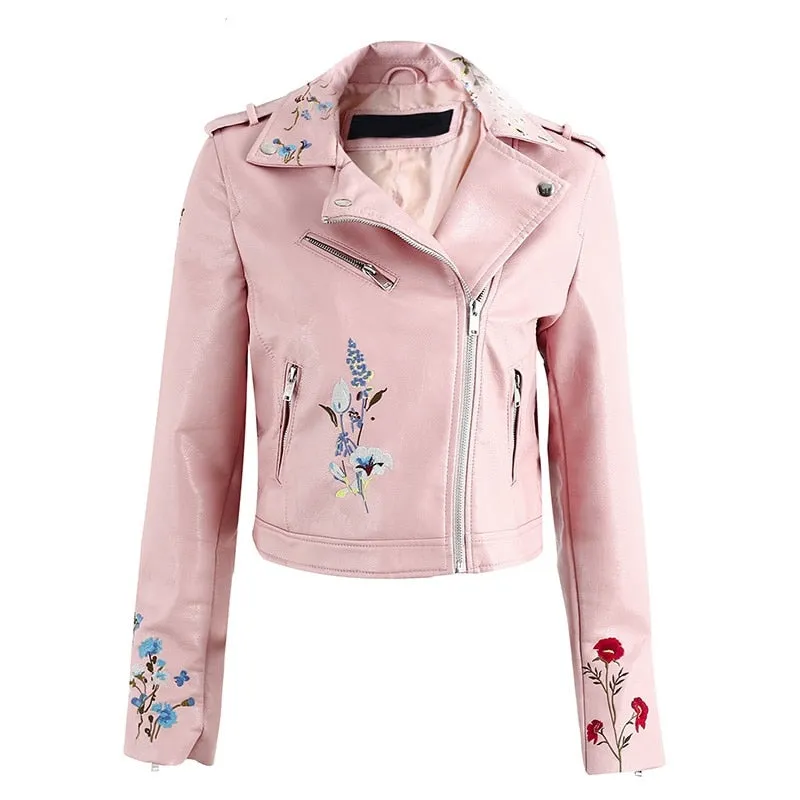 Women's Spring Faux Leather Motorcycle Coat With Embroidery
