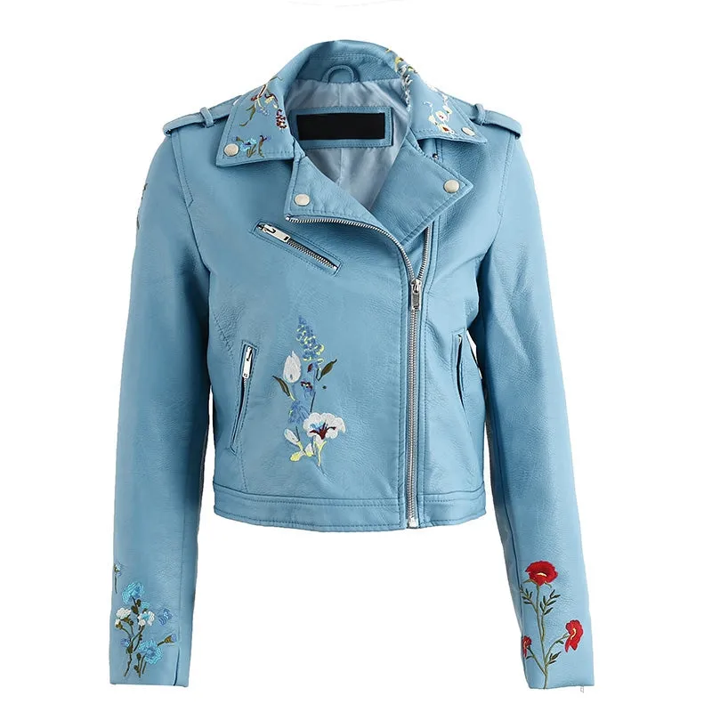 Women's Spring Faux Leather Motorcycle Coat With Embroidery