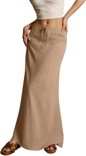 Womens Spring Skirts 2025 Drawstring Waist Boho Maxi Slim Low Rise Cotton Linen A Line Cute Flowy Spring Midi Skirt