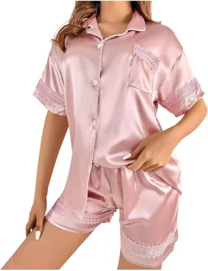Women's Stain Pajama Sets Short Sleeve Button Down Sleepwear and Shorts Casual Lace Comfy Two Piece Nightwear Sets