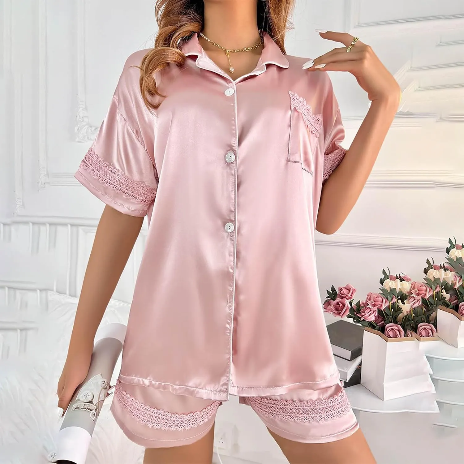 Women's Stain Pajama Sets Short Sleeve Button Down Sleepwear and Shorts Casual Lace Comfy Two Piece Nightwear Sets