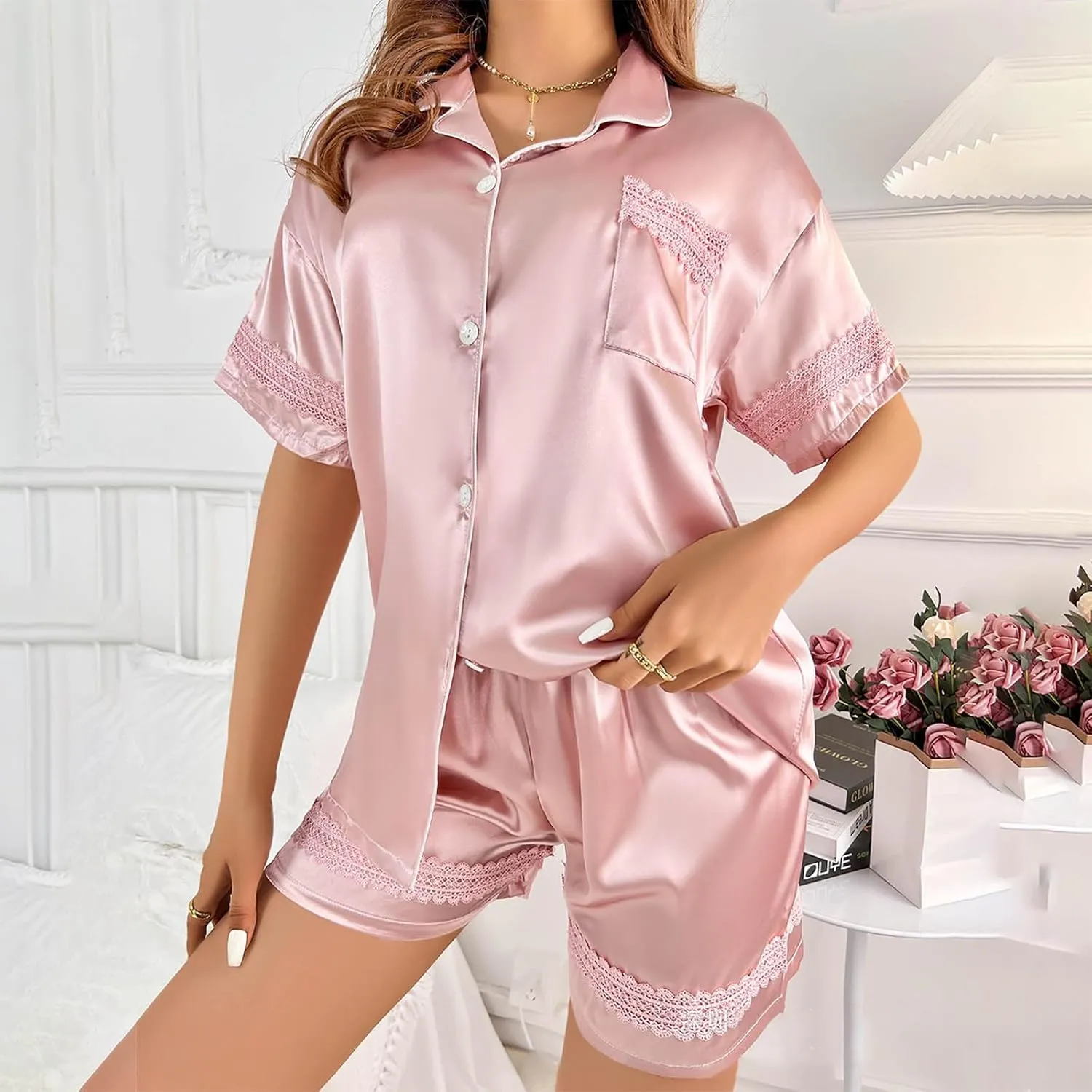 Women's Stain Pajama Sets Short Sleeve Button Down Sleepwear and Shorts Casual Lace Comfy Two Piece Nightwear Sets