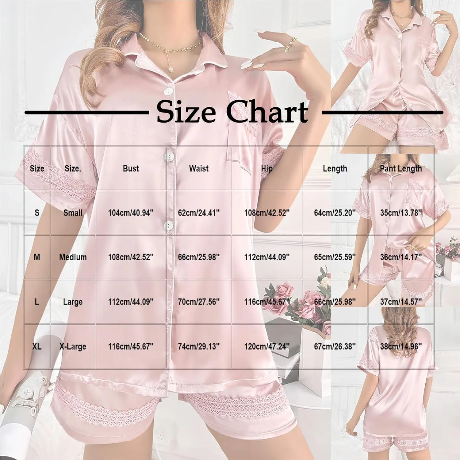 Women's Stain Pajama Sets Short Sleeve Button Down Sleepwear and Shorts Casual Lace Comfy Two Piece Nightwear Sets