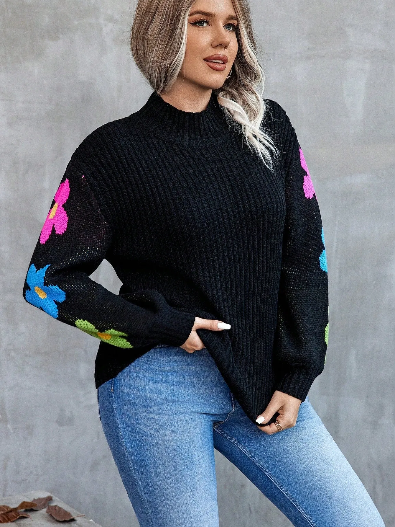 Women's Stand Collar Floral Pattern Drop Shoulder Sweater Pullover