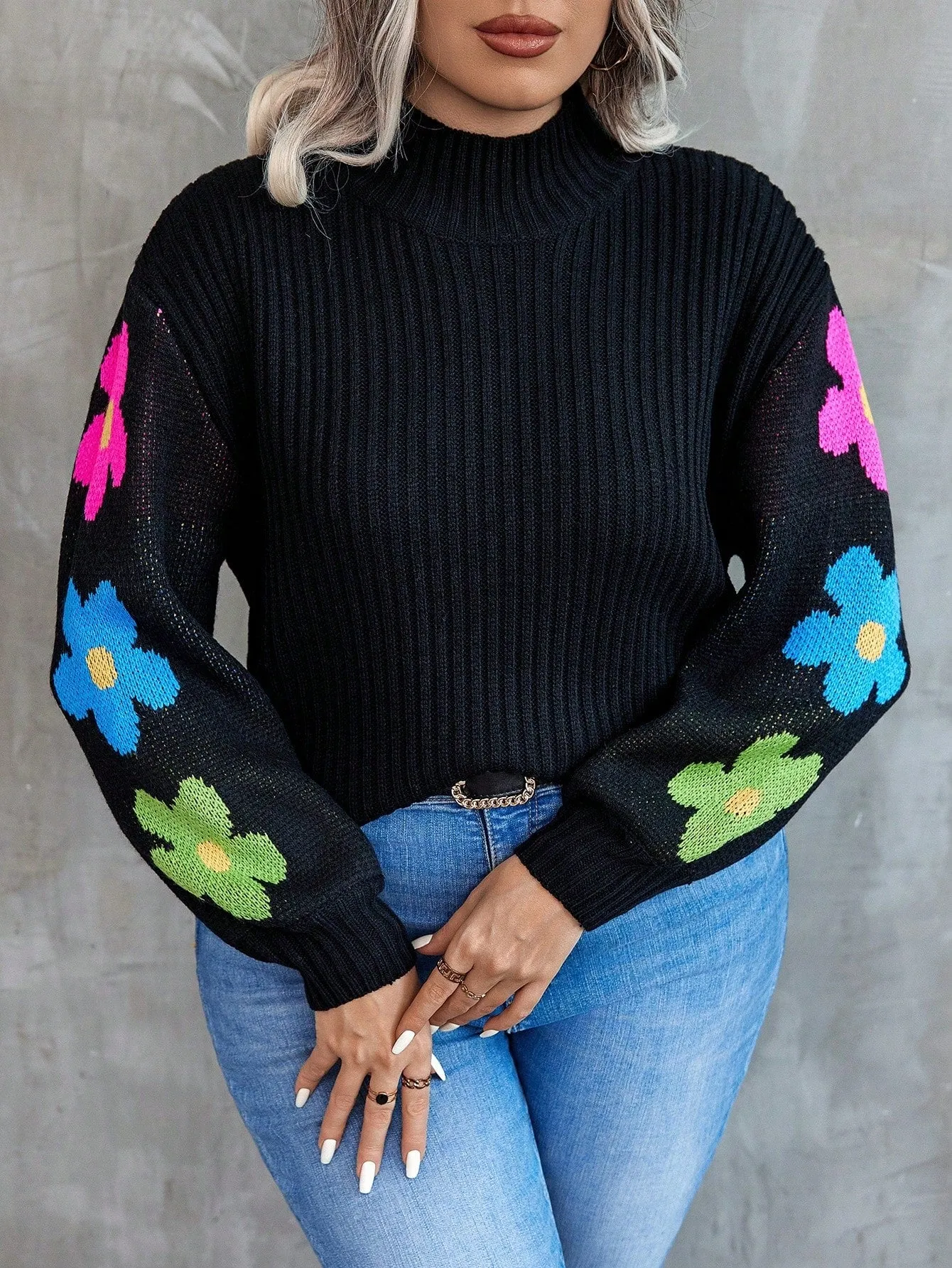 Women's Stand Collar Floral Pattern Drop Shoulder Sweater Pullover