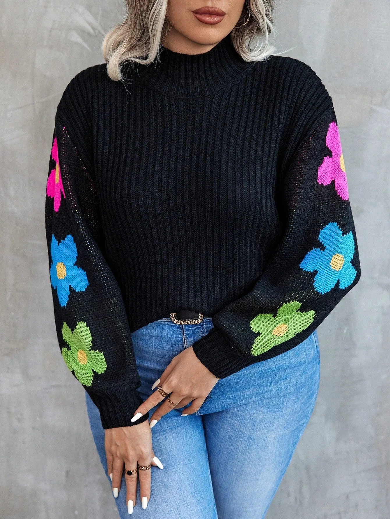Women's Stand Collar Floral Pattern Drop Shoulder Sweater Pullover