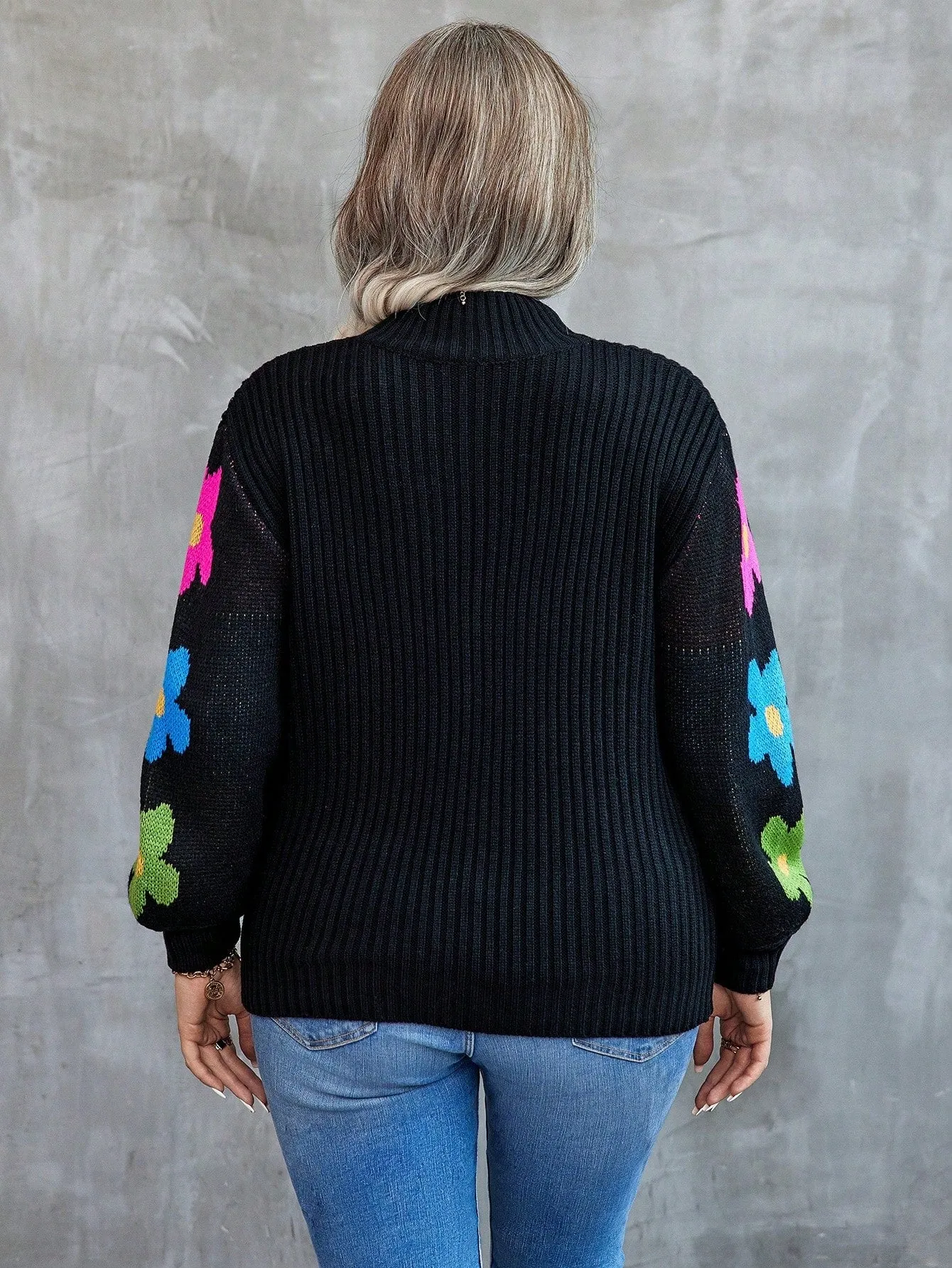 Women's Stand Collar Floral Pattern Drop Shoulder Sweater Pullover