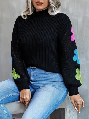 Women's Stand Collar Floral Pattern Drop Shoulder Sweater Pullover
