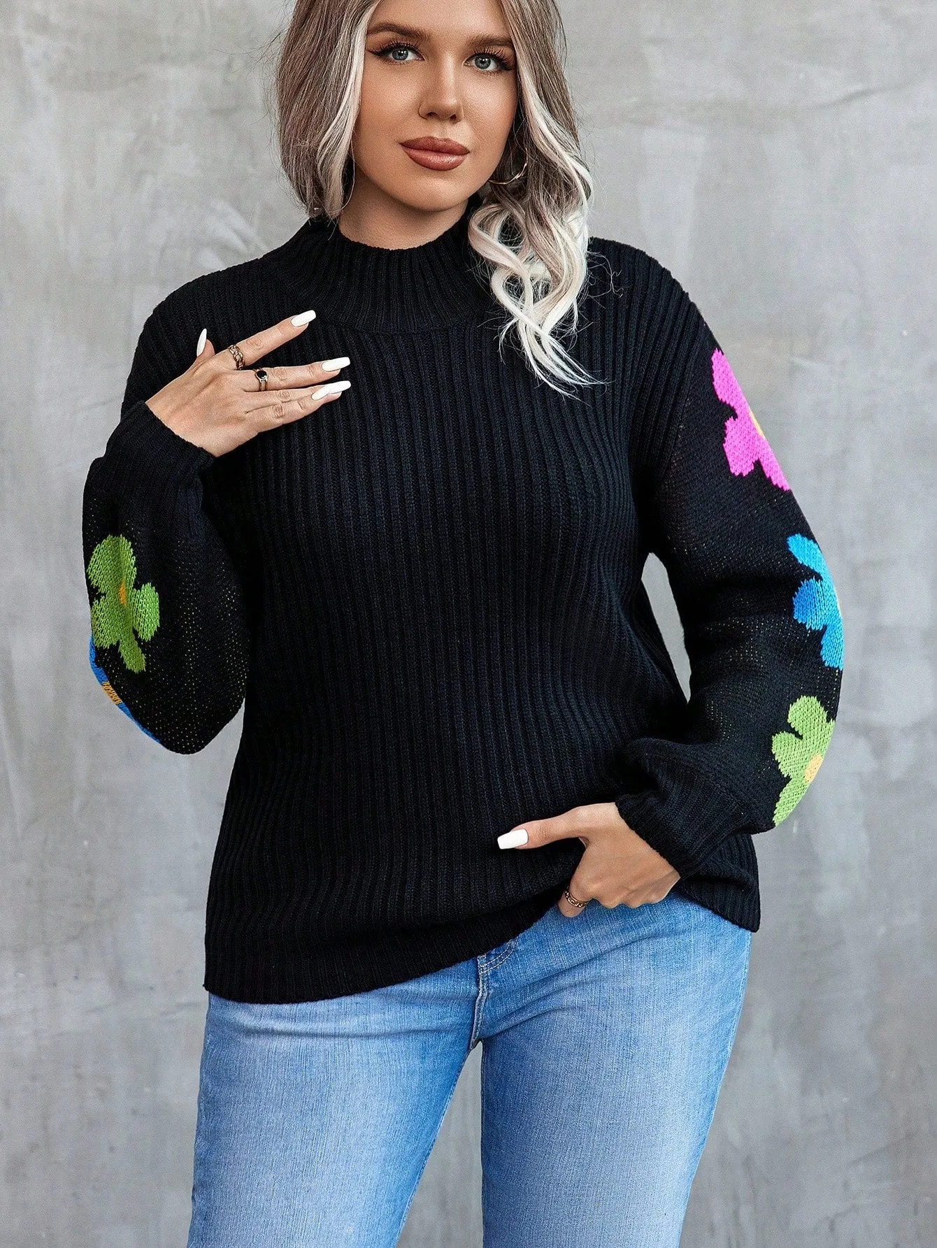 Women's Stand Collar Floral Pattern Drop Shoulder Sweater Pullover