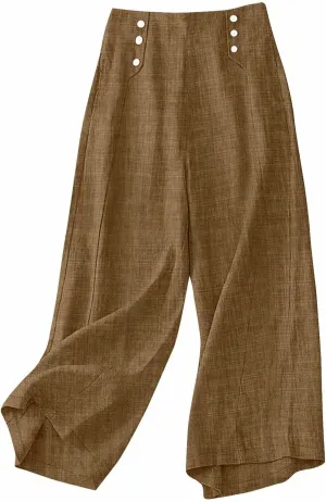 Womens Straight Wide Leg Pants with Pockets High Waisted Button Palazzo Trousers Casual Beach Travel Vacation Outfits
