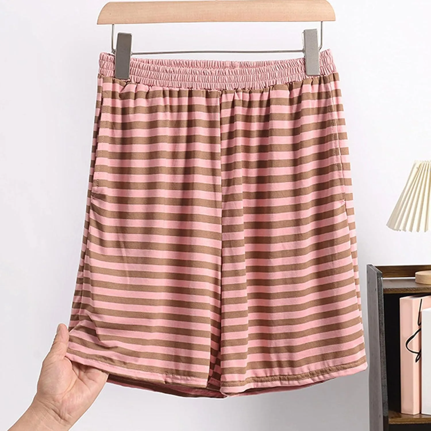 Women's Striped Pajama Shorts Soft Modal Pj's Bottoms Stylish Lounge Boxer Shorts for Sleep Gym Running with Pockets