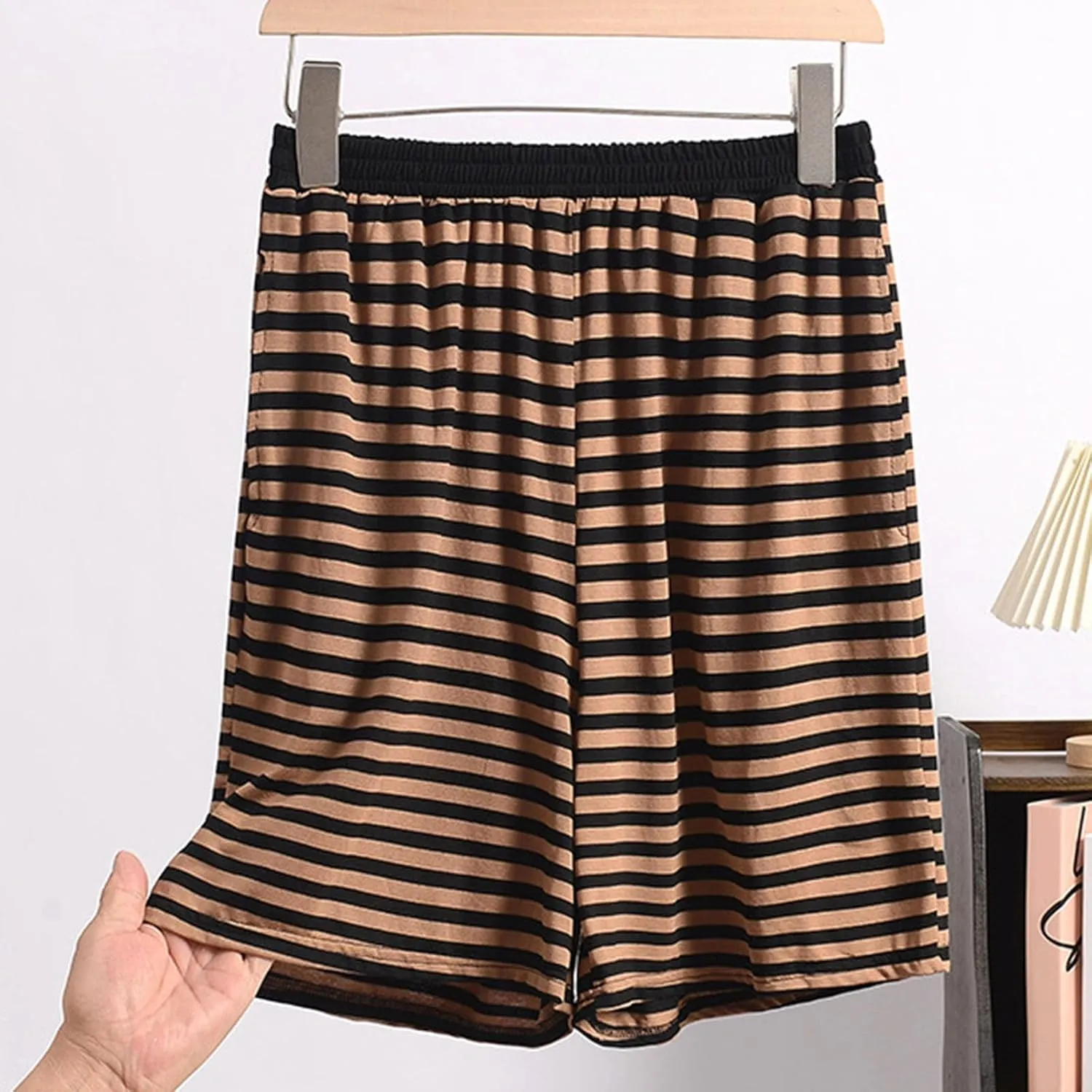 Women's Striped Pajama Shorts Soft Modal Pj's Bottoms Stylish Lounge Boxer Shorts for Sleep Gym Running with Pockets