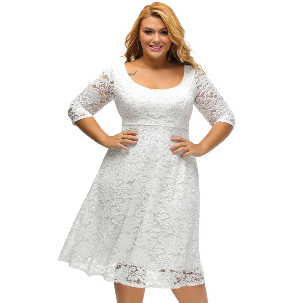 Women's Summer A-Line 3/4 Sleeve Dress With Floral Lace