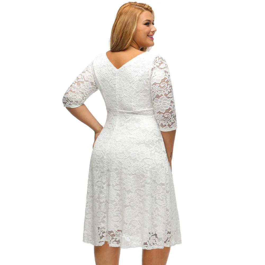 Women's Summer A-Line 3/4 Sleeve Dress With Floral Lace