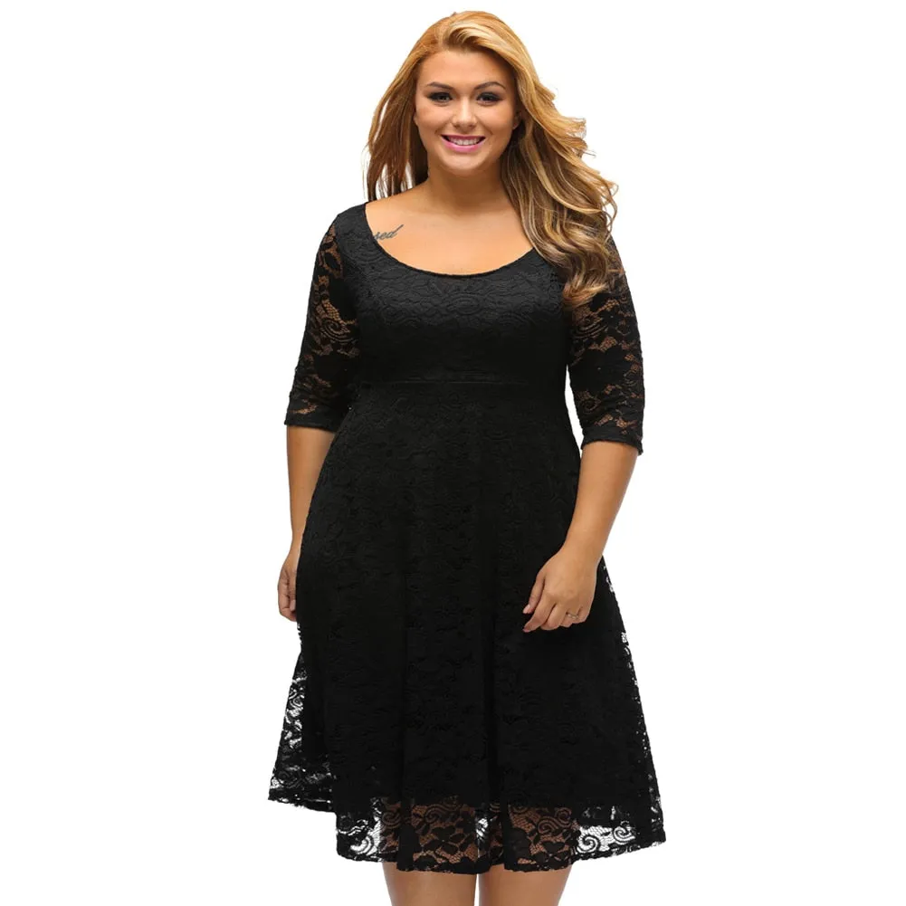 Women's Summer A-Line 3/4 Sleeve Dress With Floral Lace