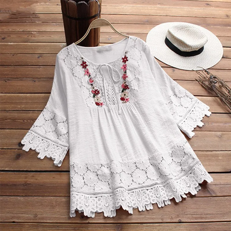 Women's Summer Casual Lace O-Neck Blouse | Plus Size
