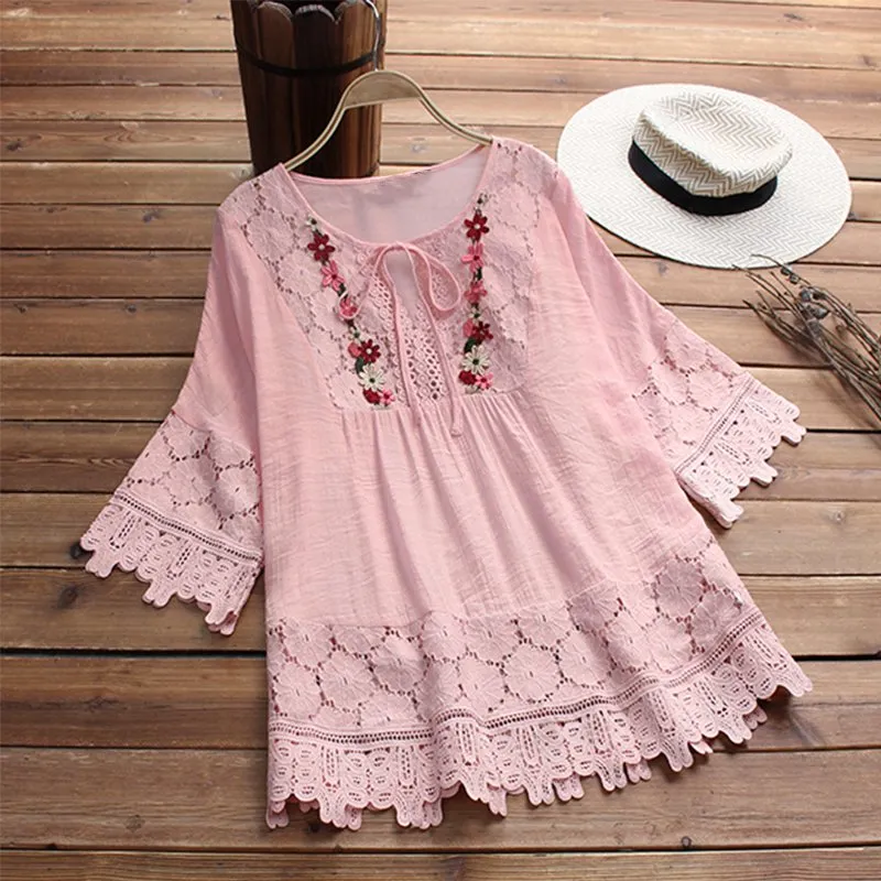 Women's Summer Casual Lace O-Neck Blouse | Plus Size